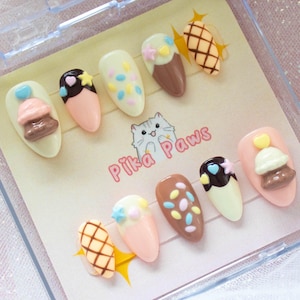 Neapolitan Press On Nails, Ice Cream Gelato Parfait Desserts, Colorful Kawaii Sweets Candy Foods, Artificial Reusable Fun 3D Summer Nails