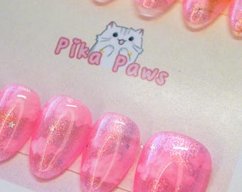 PREMADE Cosmic Dreams Press On Nails Almond Extra Short | Neon Pink Glass Gel Pressons Glitter Jelly Translucent Handpainted Clouds Nail Art