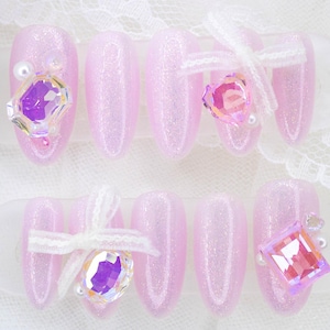 Bijoux Press On Nails, Cute Princess Kawaii Hime Gyaru Jirai Kei, Y2K Balletcore Coquette Ribbons, 3D Sweet Korean Presson Reusable Manicure