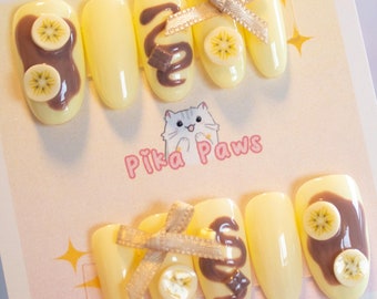 PREMADE Banana Baby Press On Nails, XS L Coffin Round Medium Short, Chocolate Banana Dessert Themed Nails, Playful Summer Kawaii Pressons 3D