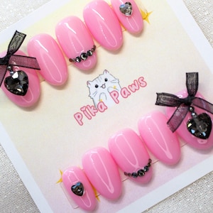 PREMADE Silhouette Press On Nails, M Round Short, Black Pink Yami Kawaiicore Harajuku Pressons, Pastel Goth Dark Coquette, Agejo Gyaru EGirl