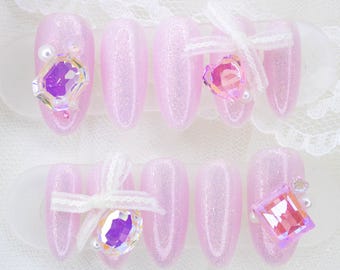 Bijoux Press On Nails | Glitter Pink Gems Reusable Customizable Nail Set | Coquette Princess Cute Kawaii Hime Gyaru Jirai Kei Y2K Balletcore