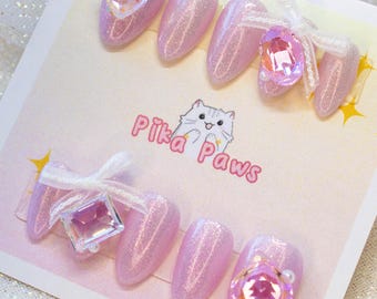 PREMADE Bijoux Press On Nails Almond Coffin Round Extra Short | Glitter Pink Princesscore Fake Nail Pressons Soft Girl Balletcore Y2K Barbie