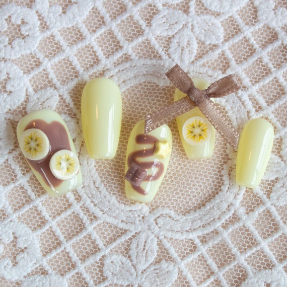 Banana Baby Press On Nails | Chocolate Banana 3D Fruity Dessert Handpainted Nail Art | Cute Kawaii Reusable Gelx Manicure Glue On