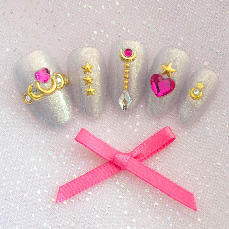 Moon Regalia Press On Nails, Princess Sailor Moon Magical Girl Cosplay Japanese Manga Anime Glittery Handmade Gel Pressons Fake Nail Tip Set