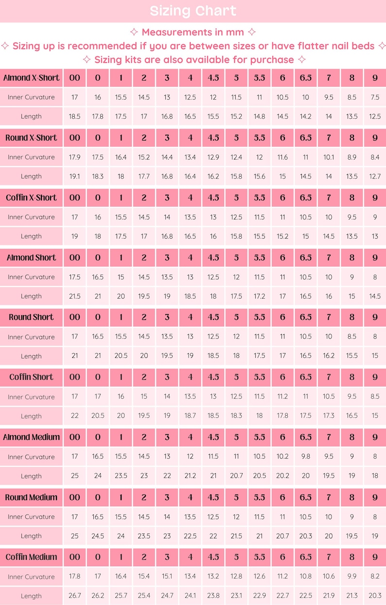 Sizing Chart Measurements in mm Sizing up is recommended if you are between sizes or have flatter nail beds Sizing kits are also available for purchase