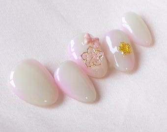 Sakura Matcha Latte Drücken Sie auf die Nägel | Farbverlauf Rosa Grün 3D Blumen Kirschblüte Einfaches Frühlings Nagel Set