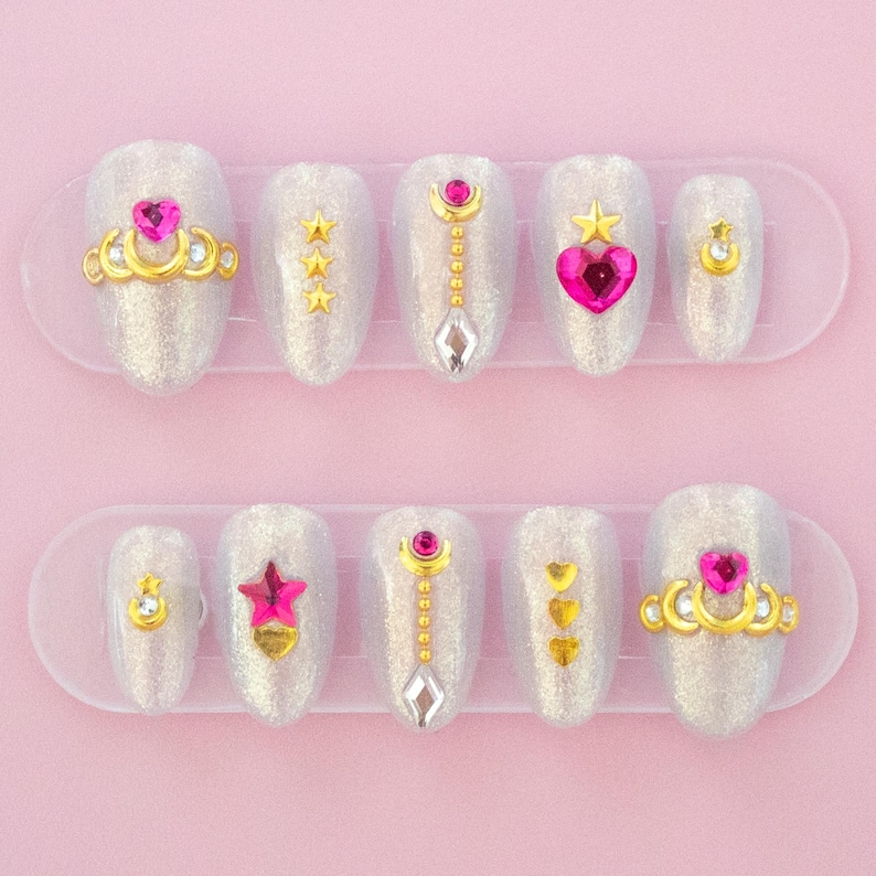 Magical Girl Moon Princess Regalia Gold Pink Crystal Gem Accents Hearts Stars Shimmering Beige Custom Luxury Handmade Press On Nails Sailor Moon Inspired Jewelry for Fingertips