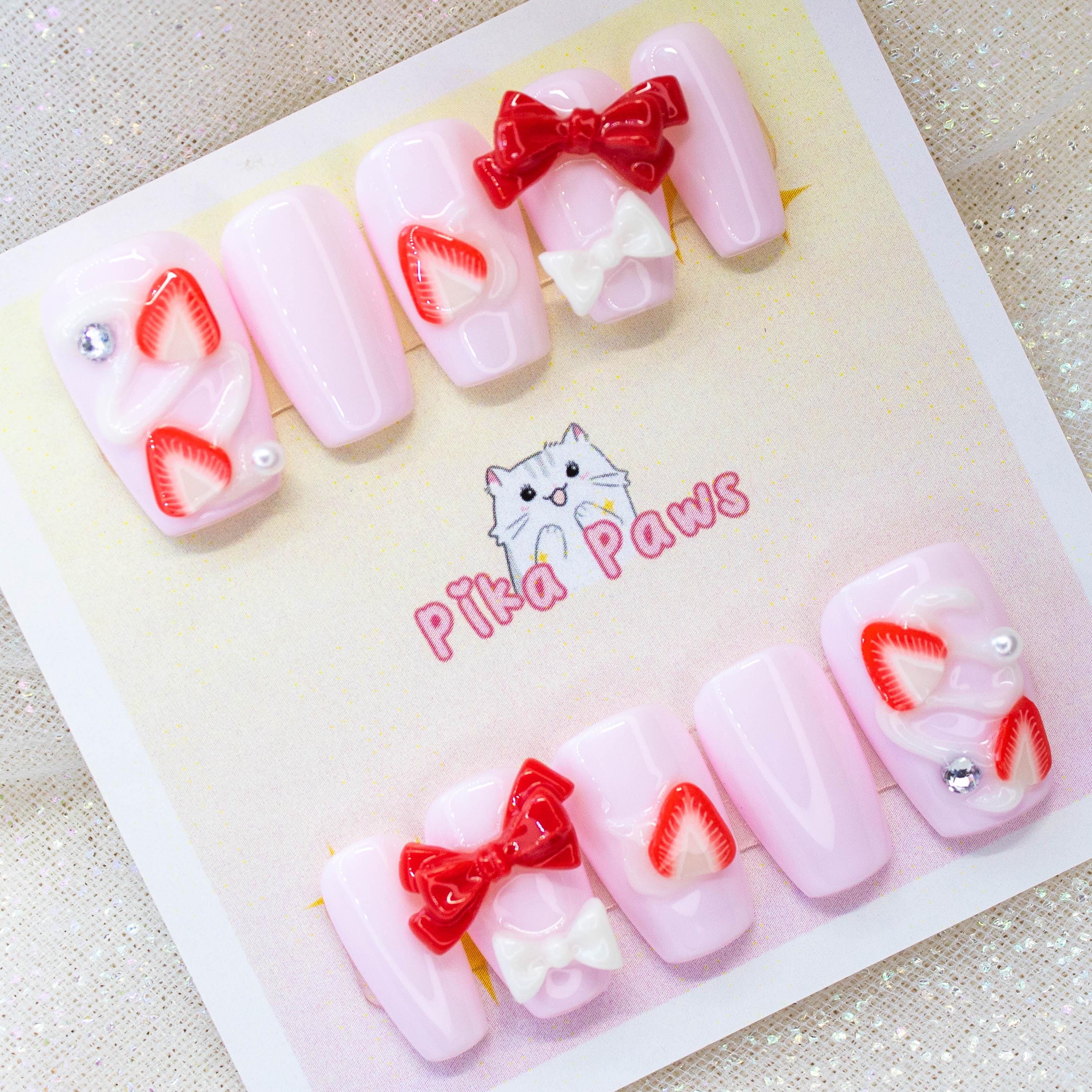 PREMADE Strawberry Darling Press On Nails S XL Round Coffin Short | Cute Dessert Nails Fruit Kawaii Gel Manicure Faux Nail Pressons Reusable