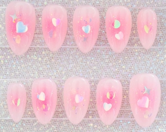 Unghie finte Crush Press On / Cuori rosa pastello Kawaii con glitter olografici, personalizzabili, fatte a mano, riutilizzabili, di alta qualità