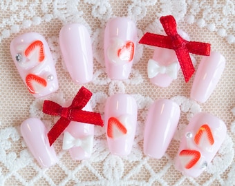Strawberry Darling Press On Nails | Pastel Pink Dessert Themed Fruit Nails | Cute Kawaii 3D Japanese Nail Art