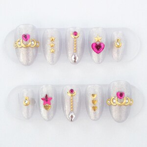 Magical Girl Moon Princess Regalia Gold Pink Crystal Gem Accents Hearts Stars Shimmering Beige Custom Luxury Handmade Press On Nails Sailor Moon Inspired Jewelry for Fingertips