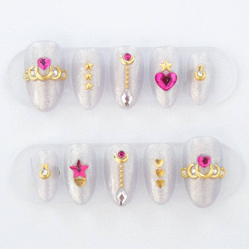Magical Girl Moon Princess Regalia Gold Pink Crystal Gem Accents Hearts Stars Shimmering Beige Custom Luxury Handmade Press On Nails Sailor Moon Inspired Jewelry for Fingertips