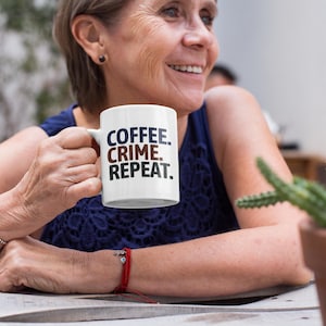 Coffee Crime Repeat White Glossy Mug, True Crime Mug, Mystery Podcast Mug, Crime Enthusiast Gift, Funny Murder Mystery Mug, True Crime Gift