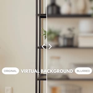 May include: A black metal shelf unit with multiple shelves, each filled with various items, including plants, books, and decorative objects. The background is blurred, creating a soft, out-of-focus effect.
