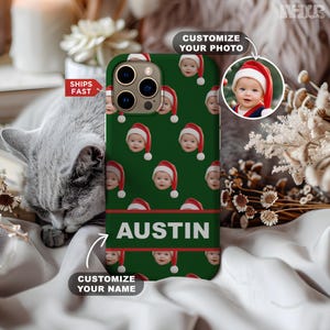 Coque de portable personnalisée avec photo de Noël | Coque de téléphone personnalisée avec nom et visage pour enfants | Coques de portable personnalisées avec visage de bébé | Cadeau des fêtes pour maman/lui/elle