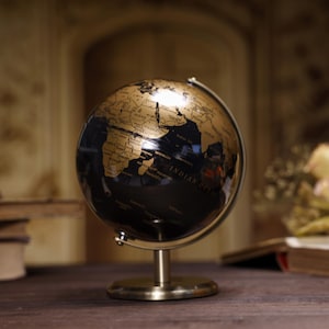 Globo terráqueo giratorio vintage de metal negro y dorado de 5,9'' con espejo - Decoración personalizada para el hogar y la oficina - Colección de mapas del mundo - Educación en geografía mundial