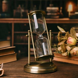 May include: A gold hourglass with a clear glass bulb sits on a wooden table. The hourglass is on a stand with a round base. The hourglass is surrounded by books and flowers.