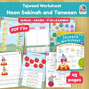 May include: A 42-page Tajweed worksheet PDF file for learning Noon Sakinah and Tanween. The educational material features colourful illustrations of animals, fruits, and circus themes alongside Arabic text, exercises, and activities for students.