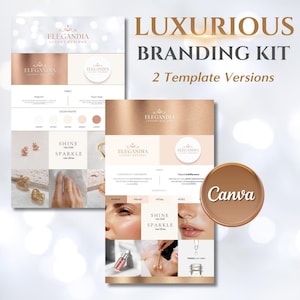 Könnte beinhalten: Luxuriöses Branding-Kit in Roségold und Creme. Das Design umfasst Logos, Farbpaletten und Schriftarten. Der Text "LUXURIOUS BRANDING KIT" und "2 Template Versions" ist zu sehen. Ein kreisförmiger Button mit dem Wort "Canva" ist ebenfalls sichtbar.