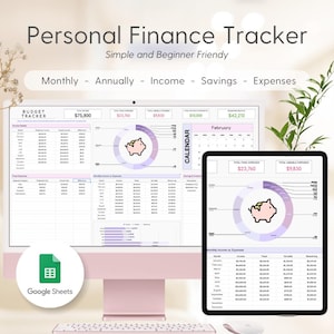 Puede incluir: Una plantilla de hoja de cálculo de seguimiento de finanzas personales digital que se muestra en una pantalla de computadora y una tableta. La hoja de cálculo incluye secciones para ingresos mensuales y anuales, ahorros y gastos. La hoja de cálculo también incluye gráficos y diagramas para visualizar datos financieros. La hoja de cálculo se titula "Personal Finance Tracker" y está etiquetada como "Budget Tracker" y "Calendar". La hoja de cálculo está diseñada para ser simple y fácil de usar para principiantes. La hoja de cálculo se creó con Google Sheets.