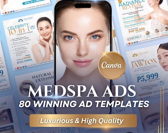 Puede incluir: Un collage de anuncios coloridos para un spa médico, con imágenes de mujeres con piel radiante y texto que promociona varios tratamientos, incluyendo faciales, botox y jawtox. El texto "MEDSPA ADS 80 WINNING AD TEMPLATES Luxurious & High Quality" se muestra en un cuadro blanco grande.