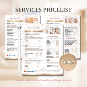 Puede incluir: Una lista de precios de servicios de spa médico con categorías para el cuidado de uñas, tratamientos faciales, rellenos dérmicos, Botox, eliminación de verrugas y tratamientos corporales. El diseño incluye un bolígrafo, detalles florales y el logotipo de Canva.