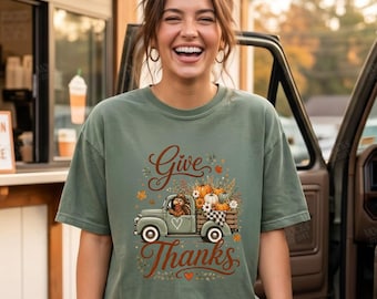 Give Thanks Pumpkin Truck Shirt | Vintage Thanksgiving Tee | Retro Farmhouse Fall Shirt | Autumn Gift for Her, Mom, Grandma