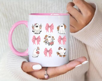 Retro Pink Halloween Mug with Bows and Flowers, Kawaii Ghost Coffee Cup, Spooky Aesthetic Gift for Coffee Lovers, Girly Fall Season Mug,