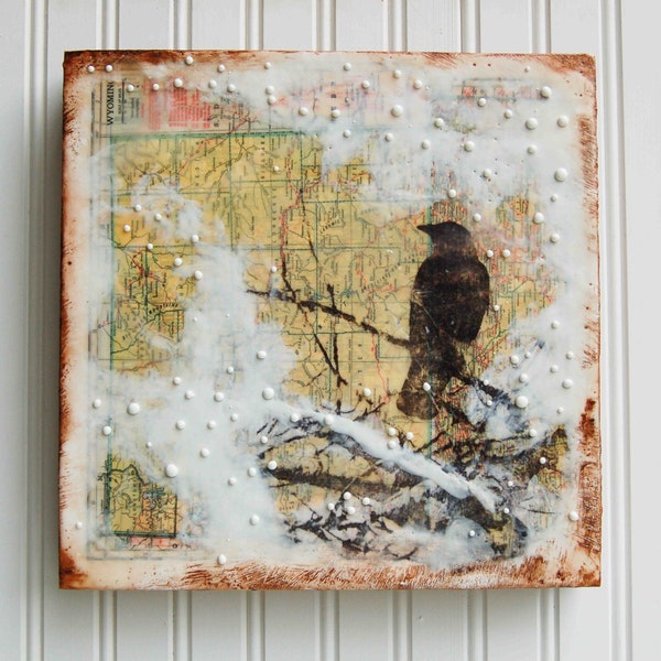 Gentle SNOW Fall Over Wyoming Mixed Media Encaustic Vintage Map Painting