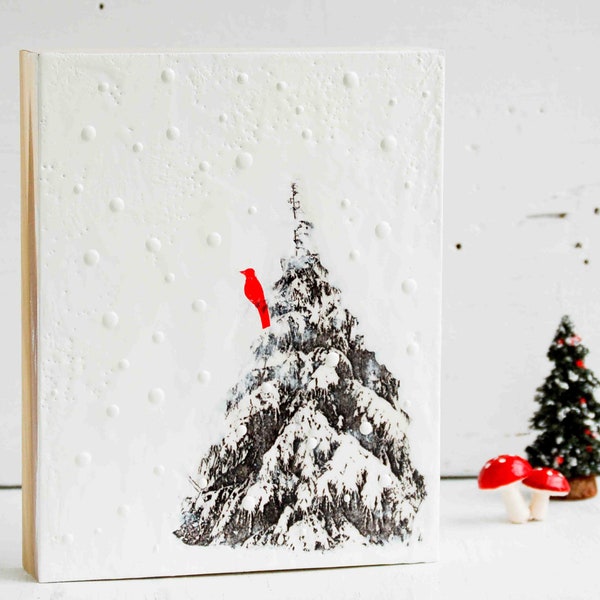 RED BIRD Winter TREE  Original Encaustic Painting Snowing Christmas Tree Forest Black & White
