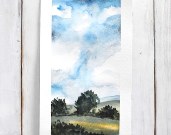 Summer Clouds vol. I Original Watercolor Painting Small Abstract Landscape