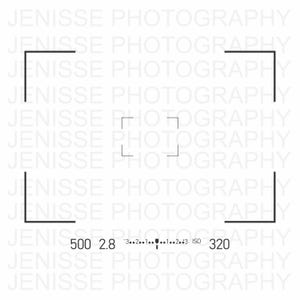 May include: A white background with the text "JENISSE PHOTOGRAPHY" repeated. The image features a camera focus frame with numbers and settings: 500, 2.8, 320, and ISO. The focus frame is composed of black lines.