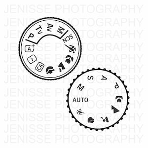 May include: Two black and white camera mode dials. The top dial features settings like P, Tv, Av, M, and SCN. The bottom dial includes settings like M, Auto, and S. Both dials have various icons representing different shooting modes.