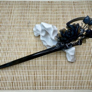 Ethereal Ink Peony & Bird Window Hairpin, Handmade Hairpin with Natural Xiuyan Jade