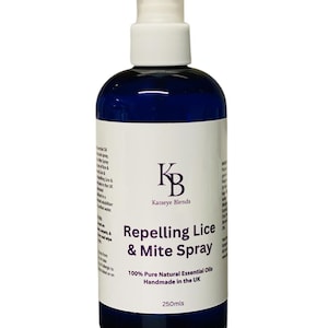 May include: A blue bottle of Repelling Lice & Mite Spray, made with 100% pure natural essential oils. The bottle is labelled with the brand name Katseye Blends and says "Handmade in the UK" and "250mls".