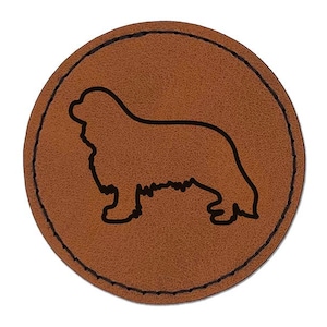 Cavalier King Charles Spaniel Dog Outline Round Iron-On Engraved Faux Leather Patch Applique - 2.5"