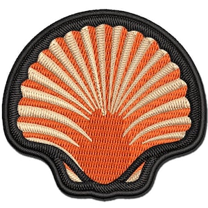 May include: An embroidered patch in the shape of a scallop shell. The shell features alternating radial ridges in bright orange and light beige thread. The entire design is outlined with a thick, solid black embroidered border.