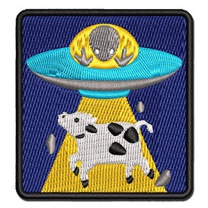 Alien UFO Abducting a Cow Multi-Color Embroidered Iron-On or Hook & Loop Patch Applique