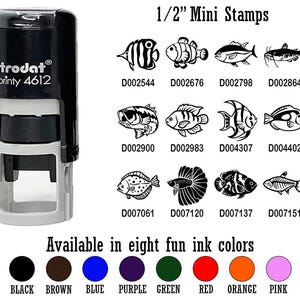 May include: A black and white self-inking stamp with the text "trodat printy 4612" and the words "1/2" Mini Stamps" above a grid of 12 different fish designs. The text "Available in eight fun ink colors" is below the grid of fish designs.  The eight ink colors are black, brown, blue, purple, green, red, orange, and pink.