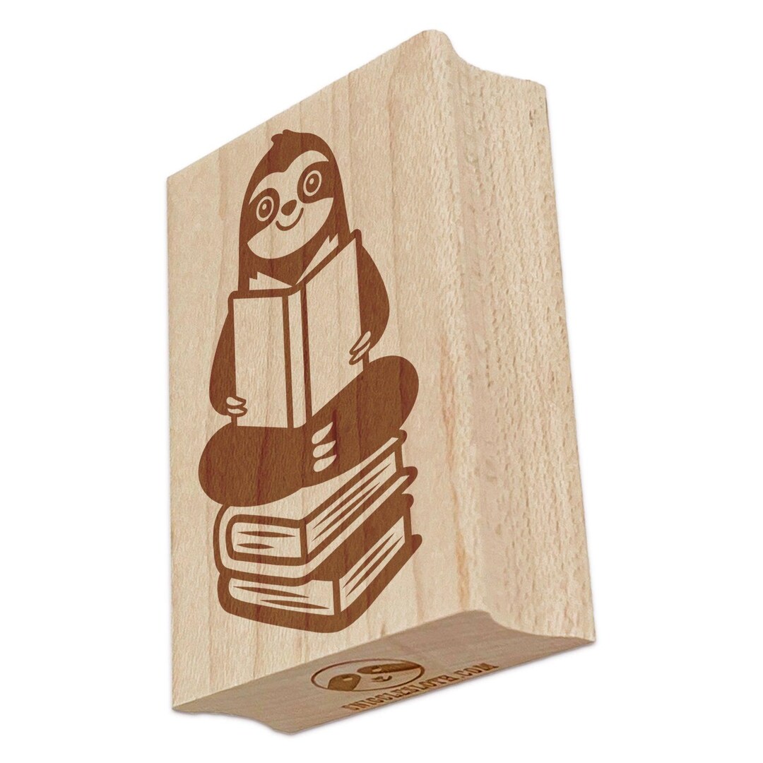 Sloth Reading on Book Stack Rectangle Rubber Stamp for Stamping ...