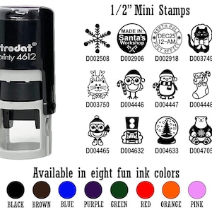 May include: A black and gray Trodat Printy 4612 stamp with various 1/2" mini stamp designs, including a snowflake, cat, owl, and bear. The image also shows eight ink color options: black, brown, blue, purple, green, red, orange, and pink.