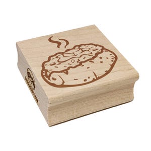 May include: A wooden stamp featuring a brown illustration of a baked potato with toppings and steam rising from it. The stamp has the text "www.etsy.com" on the side.