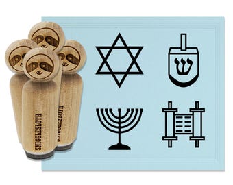 May include: Wooden stamps with sloth faces and the text "SNIGGLESLOTH" next to a light blue background with black illustrations of Jewish symbols: a Star of David, a dreidel, a menorah, and a Torah scroll.