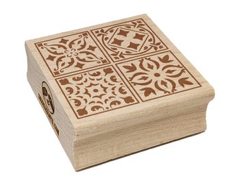Mediterranean Mosaic Floral Tiles Pattern Square Rubber Stamp for Stamping Crafting