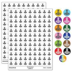 May include: A sheet of 100 round stickers featuring a black and white illustration of Thor's hammer. The stickers are arranged in a grid pattern. A separate sheet shows the same design in 10 different colors.