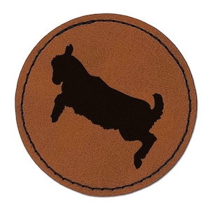 Baby Goat Jumping Playing Round Iron-On Engraved Faux Leather Patch Applique - 2.5"