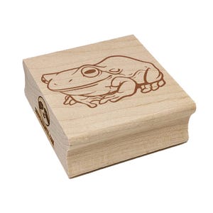 May include: A wooden stamp featuring a detailed illustration of a frog. The frog is depicted in a line drawing style, with its features clearly outlined. The stamp has a light wood color and a rounded edge. The text "www.etsy.com" is visible on the side.