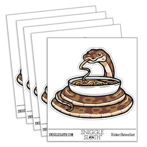 Python Snake Enjoying Ramen Noodles Waterproof Vinyl Phone Tablet Laptop Water Bottle Car Window Bumper Decal Sticker Set - 5 Pack