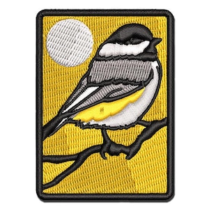 Black-Capped Chickadee Bird on Branch Multi-Color Embroidered Iron-On or Hook & Loop Patch Applique
